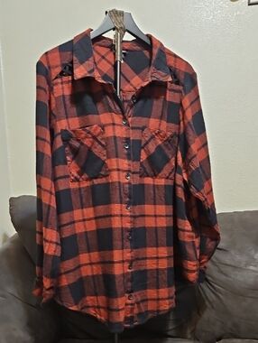 Red and Black Plaid Flannel Button-Up Shirt